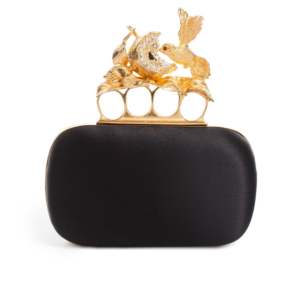 Alexander McQueen Black Satin Knucklebox Clutch